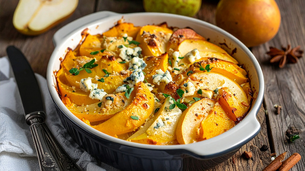 Eine Auflaufform mit Kürbis-Gratin