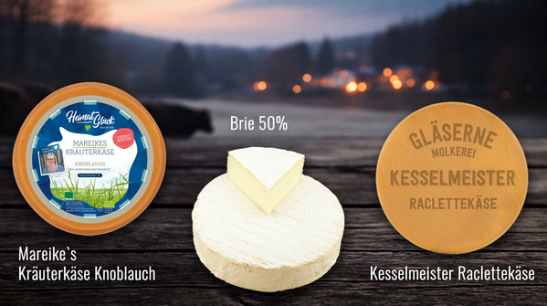 KI generiert: Käsevariationen: Mareike's Kräuterkäse, Brie 50%, Kesselmeister Raclettekäse.