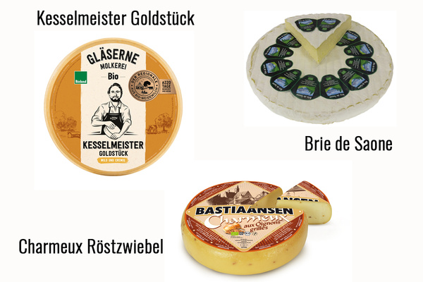 Drei Käsesorten in einem Bild - Goldstück, Brie und Charmeux