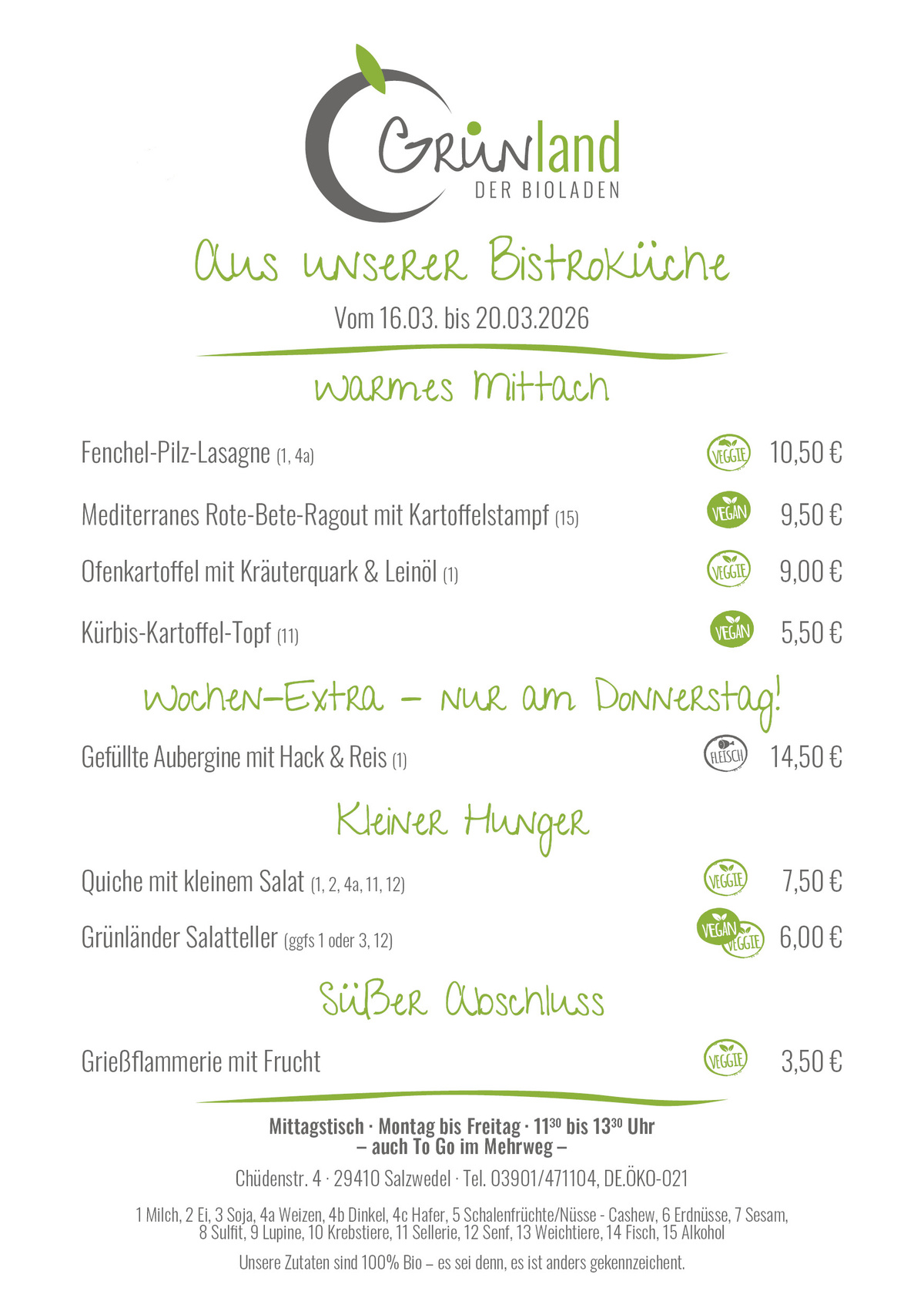 KI generiert: Menükarte eines Bioladens mit warmen Gerichten und Preisen vom 16.03. bis 20.03.2026.