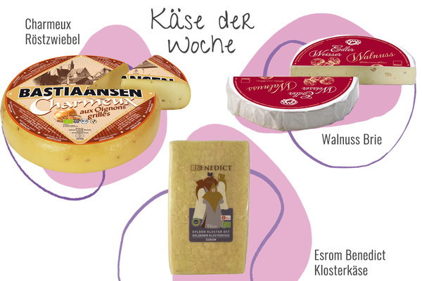 KI generiert: Drei Käsesorten: Charmeux Röstzwiebel, Walnuss Brie, Esrom Benedict Klosterkäse. Text: "Käse der Woche".