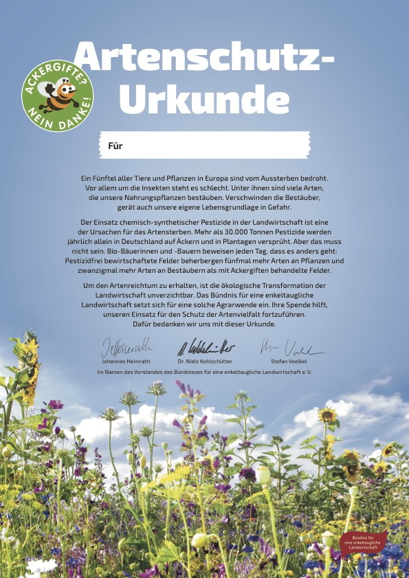 Artenschutz Urkunde vom Bündnis für Engeltaugliche Langwirtschaft