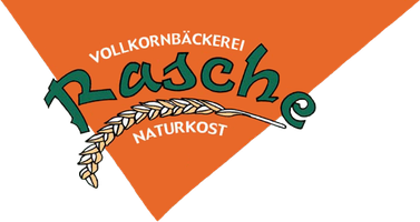 Das Bild zeigt das Logo einer Vollkornbäckerei namens Rasche, mit einem stilisierten Getreideähre-Motiv und einem orangefarbenen Hintergrund. Es betont den Fokus auf Naturkost.
