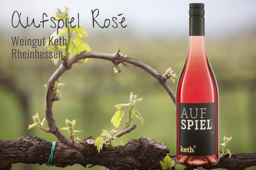 Weinflasche "Aufspiel" rose als Bildmontage mit Rebstock
