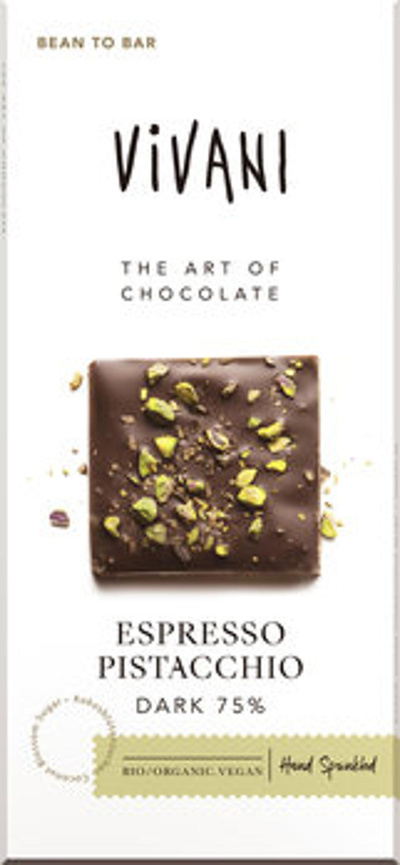 Produktfoto zu Schokolade Espresso Pistacchio Dark 75%, vegan