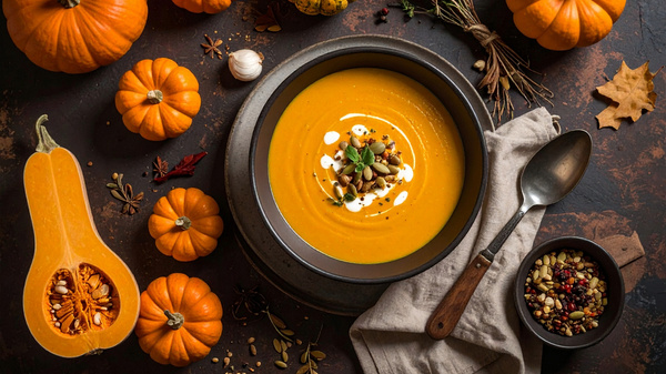 Teller mit Kürbissuppe und Kürbissen drumherum