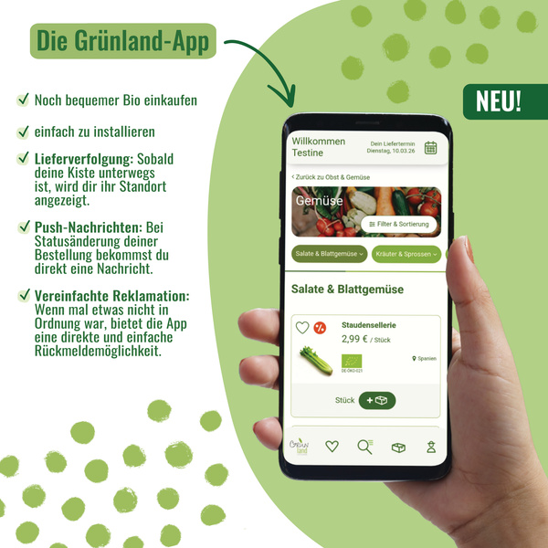 KI generiert: Ein Handy mit der Grünland-App zur einfachen Bestellung von Bio-Produkten. Text: Die Grünland-App.