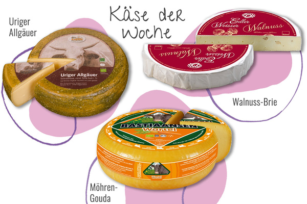 KI generiert: Drei Käsesorten: Uriger Allgäuer, Walnuss-Brie, Möhren-Gouda. Text: "Käse der Woche".