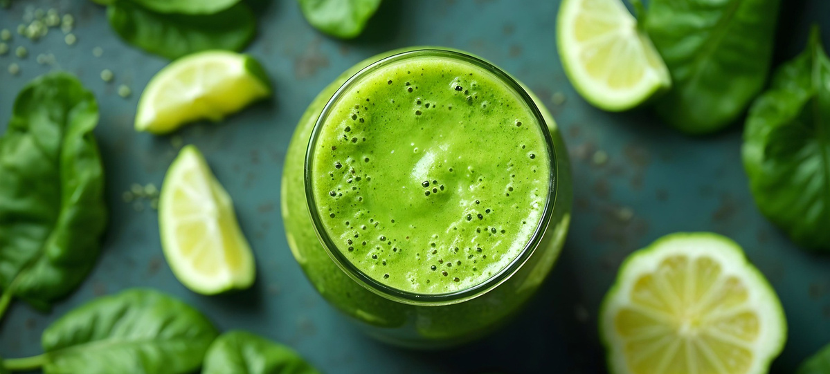 KI generiert: Ein grüner Smoothie in einem Glas, umgeben von frischen Spinatblättern und Zitronenscheiben.
