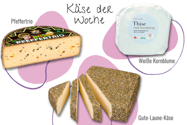 KI generiert: Verschiedene Käsesorten: Pfeffertrio, Weiße Kornblume, Gute-Laune-Käse. Text: "Käse der Woche".