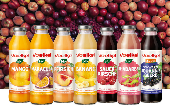 KI generiert: Eine Reihe von Voelkel-Säften mit verschiedenen Geschmacksrichtungen vor einem Hintergrund aus Früchten.