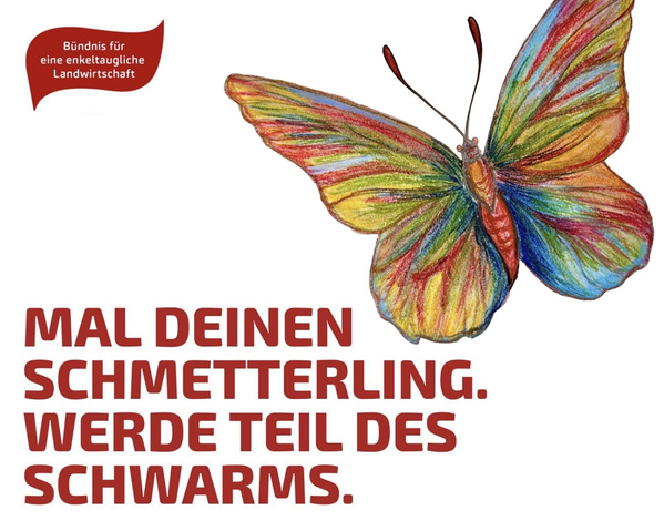 Bunt gezeichneter Schmetterling, Text: "Mal deinen Schmetterling. Werde Teil des Schwarms."
