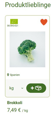 KI generiert: Das Bild zeigt eine Darstellung von Bio-Brokkoli aus Spanien, angeboten zu einem Preis von 7,49 € pro Kilogramm. Der Brokkoli wird als "Produktliebling" hervorgehoben.