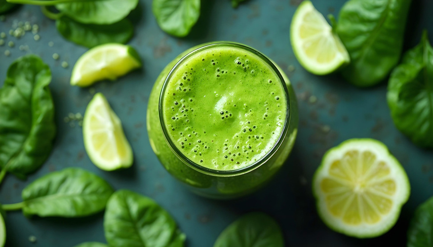 KI generiert: Grüner Smoothie in einem Glas, umgeben von Spinatblättern und Zitronenscheiben auf blauem Untergrund.
