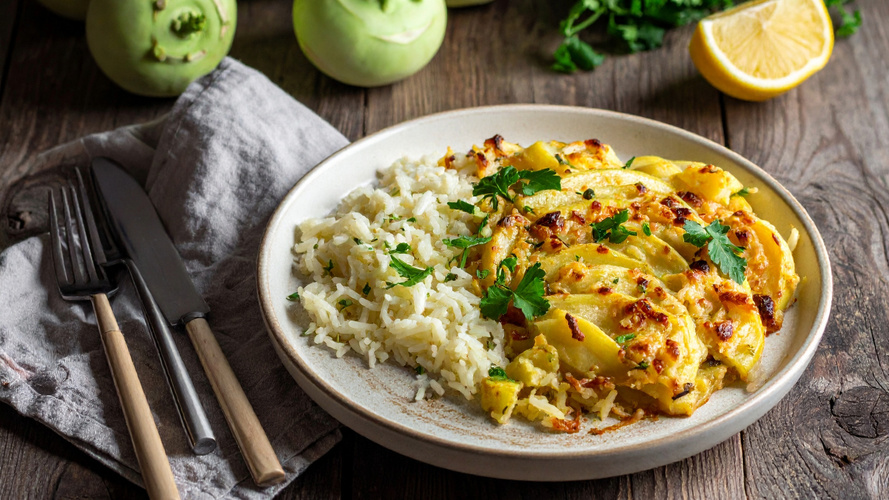 Rezeptbild für Kohlrabigratin mit Zitronenreis