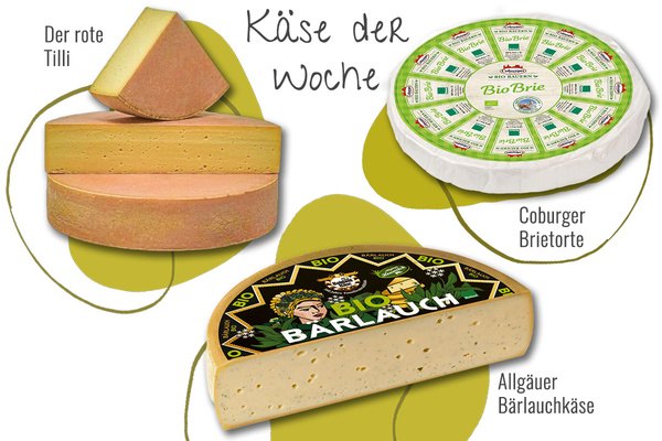 KI generiert: Käseauswahl mit "Käse der Woche": Der rote Tilli, Coburger Brietorte, Allgäuer Bärlauchkäse.