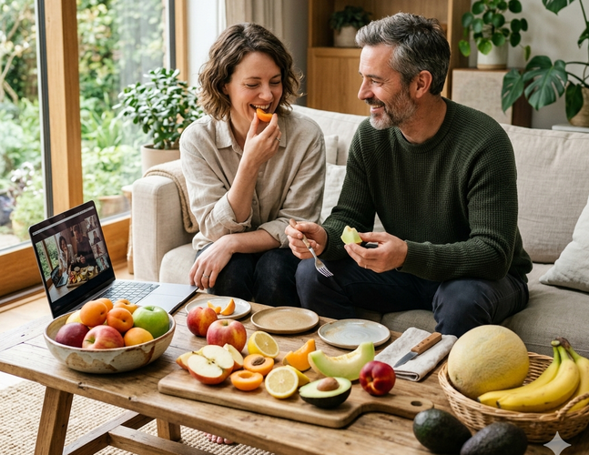 Ein Paar sitzt mit einer Vielzahl von frischem Obst an einem Tisch mit aufgeklapptem laptop