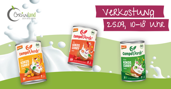 Verkostung von Kokos Curry Produkten der Marke CampoVerde. Text: "Verkostung 25.09, 10-18 Uhr".