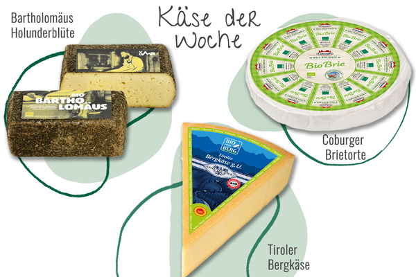 KI generiert: Käse der Woche: Bartholomäus Holunderblüte, Coburger Brietorte, Tiroler Bergkäse.