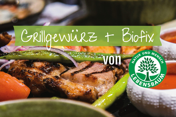 KI generiert: Leckeres Grillgericht mit Text: "Grillgewürz + Biofix von Lebensbaum".
