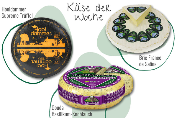 KI generiert: Drei Käsesorten: Hoidammer Supreme Trüffel, Brie France de Saône, Gouda Basilikum-Knoblauch. "Käse der Woche".