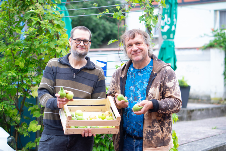 KI generiert: Zwei Männer halten eine Kiste voller Birnen und lächeln in die Kamera.