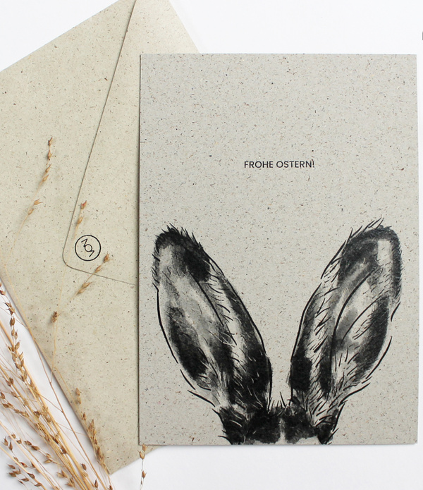 KI generiert: Osterkarte mit Hasenohren und Text "FROHE OSTERN!"