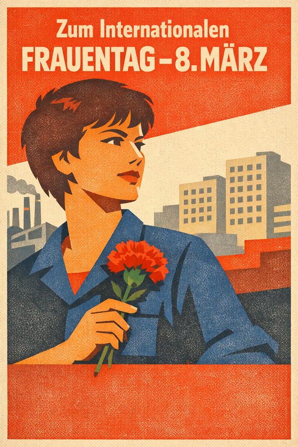 KI generiert: Eine Frau mit Blume vor städtischem Hintergrund, Text: "Zum Internationalen Frauentag - 8. März".