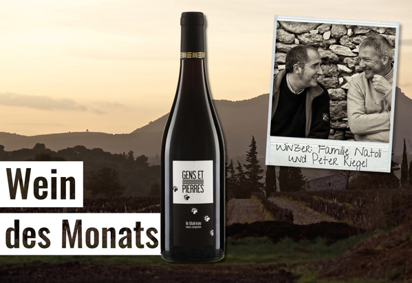 KI generiert: Weinflasche "Gens et Pierres" vor Landschaft, Text: "Wein des Monats" und Foto von zwei Personen mit der Aufschrift "Winzer: Familie Natoli und Peter Riegel".