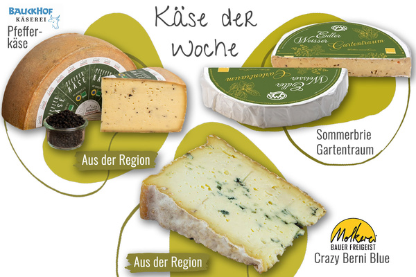 KI generiert: Verschiedene Käsesorten: Pfefferkäse, Sommerbrie Gartentraum, Crazy Berni Blue. Text: "Käse der Woche".