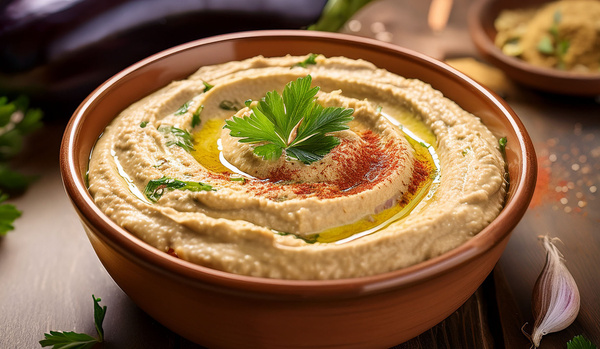 Eine kleine Schale mit Baba Ganoush-Aufstrich drin
