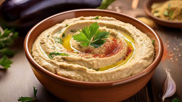 Eine kleine Schale mit Baba Ganoush-Aufstrich drin