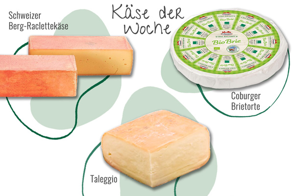 Das Bild zeigt eine Auswahl von drei Käsesorten als „Käse der Woche“: Schweizer Berg-Raclettekäse, Taleggio und Coburger Brietorte. Sie sind grafisch hervorgehoben und beschriftet.