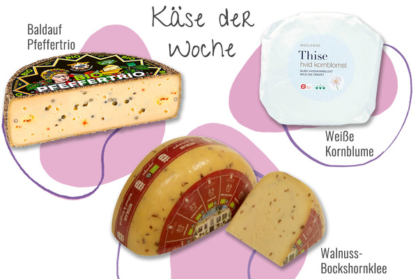 KI generiert: Das Bild zeigt eine Auswahl an Käsesorten, die als "Käse der Woche" präsentiert werden. Zu sehen sind Baldauf Pfeffertrio, Weiße Kornblume und Walnuss-Bockshornklee.