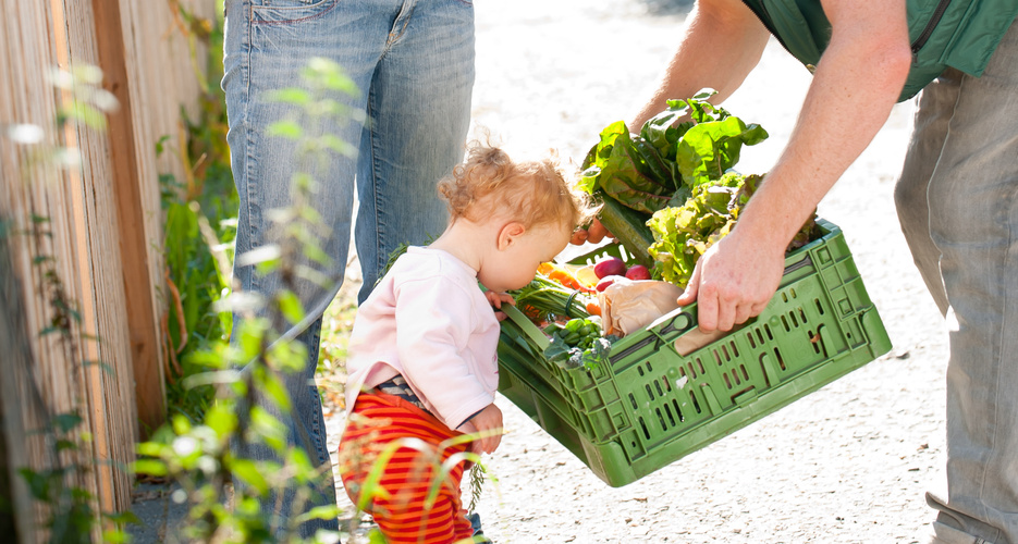 Ein Mann übergibt einer Frau und einem Kind eine Kiste voller frischem Gemüse im Freien. Die Szene strahlt eine ländliche, freundliche Atmosphäre aus.