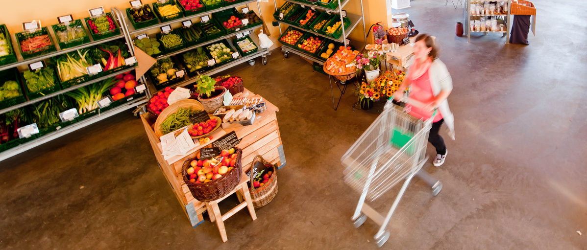 KI generiert: Ein Bioladen mit frischem Obst und Gemüse; eine Person schiebt einen Einkaufswagen.