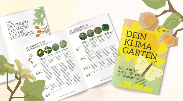 KI generiert: Titelbild und Seiten eines Buchs über klimafreundliches Gärtnern. Text: "Dein Klimagarten".