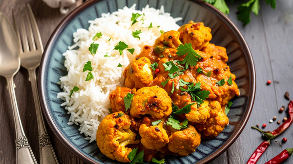 Ein Teller mit Reis links und Blumenkohl Tikka Masala rechts