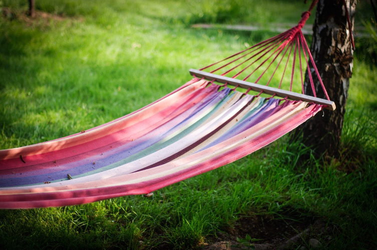 KI generiert: Eine bunte Hängematte ist zwischen Bäumen im Grünen aufgehängt.