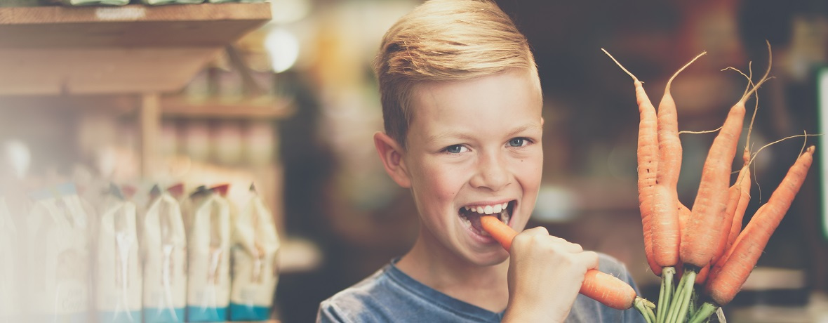 Grünland Kind nascht Mohrrübe