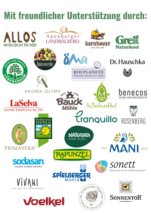 KI generiert: Eine Collage von Logos verschiedener Bio- und Naturprodukte-Marken. Text: „Mit freundlicher Unterstützung durch:“