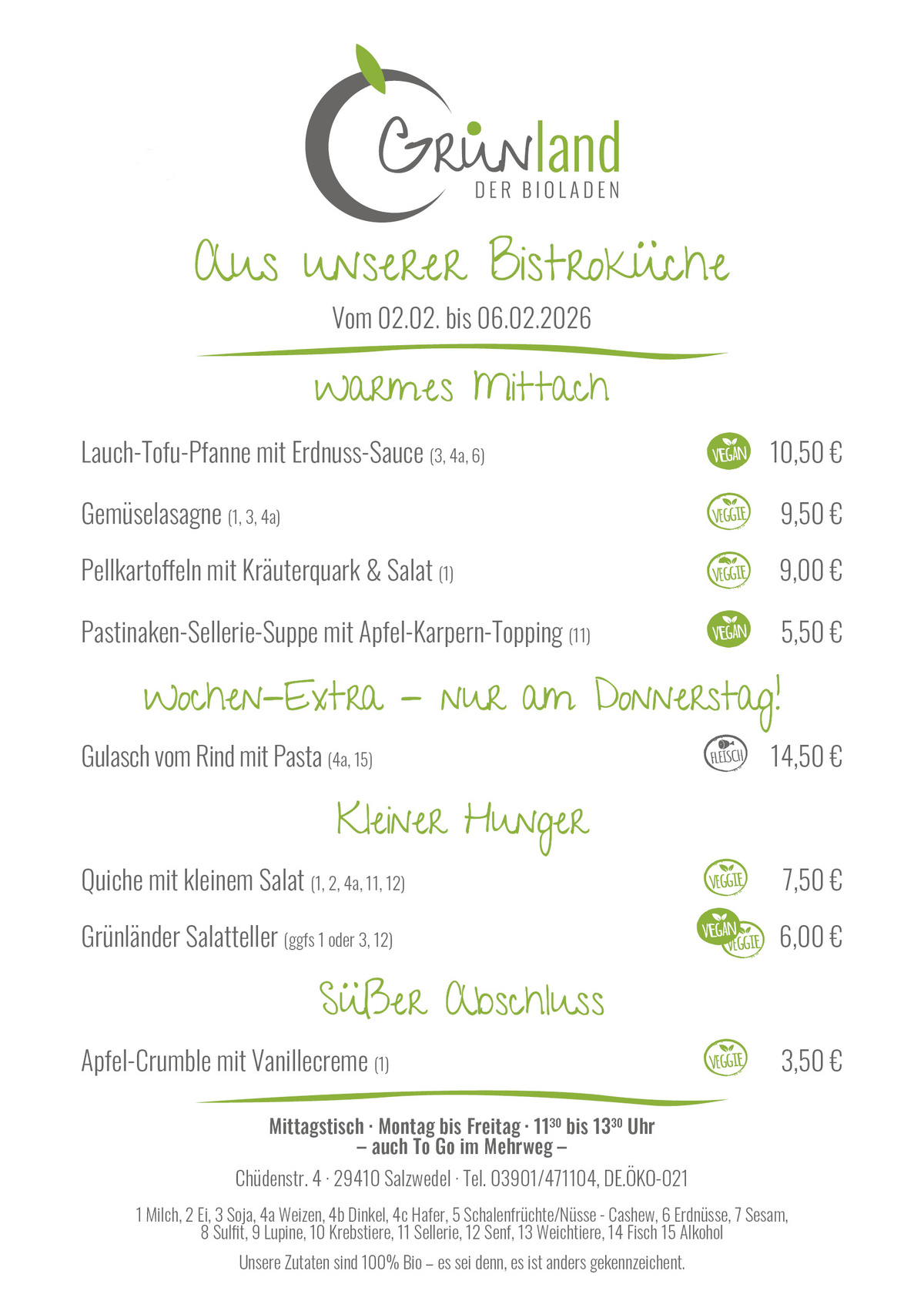 KI generiert: Speisekarte von "Grünland: Der Bioladen" mit veganen Gerichten und Preisen.