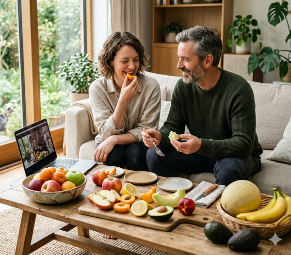 Eine weibliche und eine männliche Person  sitzen auf einem Sofa und genießen frisches Obst vor einem Laptop.