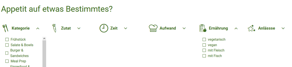 KI generiert: Auswahlmenü für Rezepte mit Kategorien wie Frühstück, Salate, Ernährungsarten und Anlässe. Text: "Appetit auf etwas Bestimmtes?"
