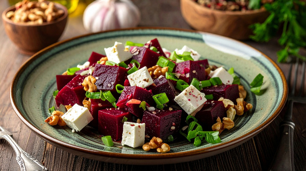Ein Teller mit Rote-Bete-Salat, Feta, Walnüssen und Frühlingszwiebeln.