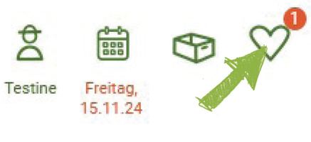 KI generiert: Das Bild zeigt mehrere Icons, darunter ein Benutzer-Icon, ein Kalender-Icon mit dem Datum "Freitag, 15.11.24", ein Paket-Icon und ein Herz-Icon mit einer Benachrichtigung. Ein grüner Pfeil weist auf das Herz-Icon hin.