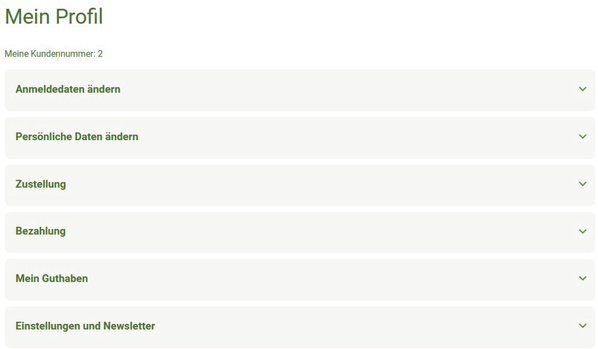 KI generiert: Das Bild zeigt eine Benutzeroberfläche eines Profils mit verschiedenen Optionen zur Verwaltung von Anmeldedaten, persönlichen Daten, Zustellung, Bezahlung, Guthaben sowie Einstellungen und Newsletter. Die Hauptinhalte sind die verschiedenen Menüpunkte, die erweiterbar sind, um Anpassungen im Profil vorzunehmen.