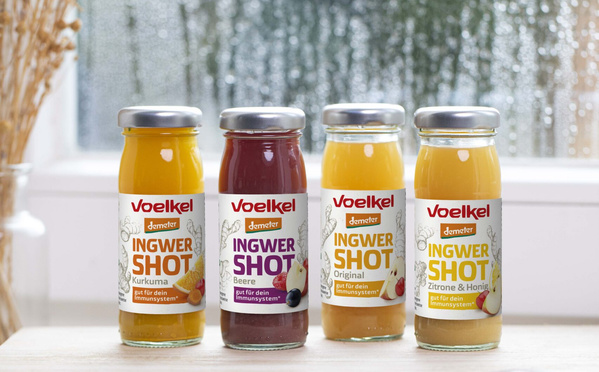 Vier verschiedene Ingwer-Shots von Voelkel nebeneinander auf der Fensterbank