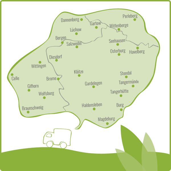 KI generiert: Die Grafik zeigt eine stilisierte Karte einer Region in Deutschland, auf der Städte und Dörfer wie Celle, Wolfsburg und Magdeburg markiert sind. Ein kleiner Lastwagen unten deutet möglicherweise auf ein Liefer- oder Transportthema hin.