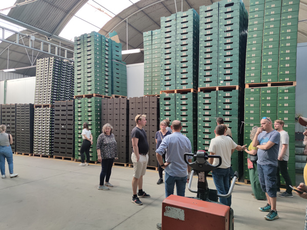 KI generiert: Das Bild zeigt eine Gruppe von Menschen, die in einem Lager mit gestapelten Kisten stehen. Die Kisten sind grün und braun und scheinen biologische Produkte zu enthalten.